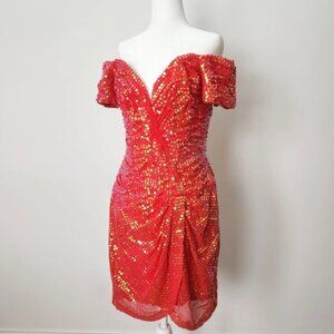 Vtg 90s Vicky Tiel Red Sequin Dress Sz 44 Paris Couture Off Shoulder Cocktail